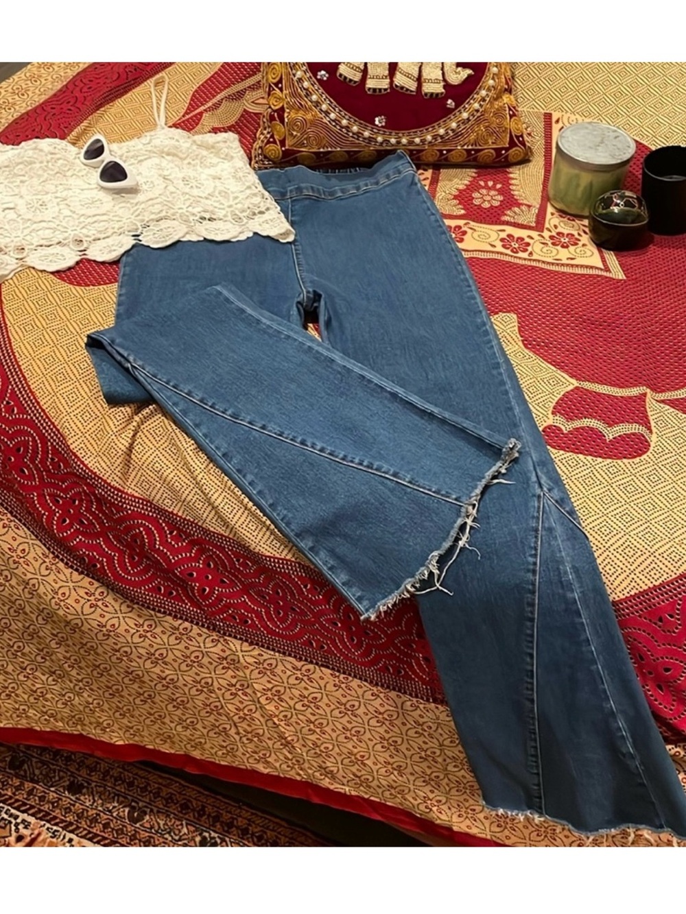 Blue Blush Medium Blue Flare Jeans with Raw Hem
